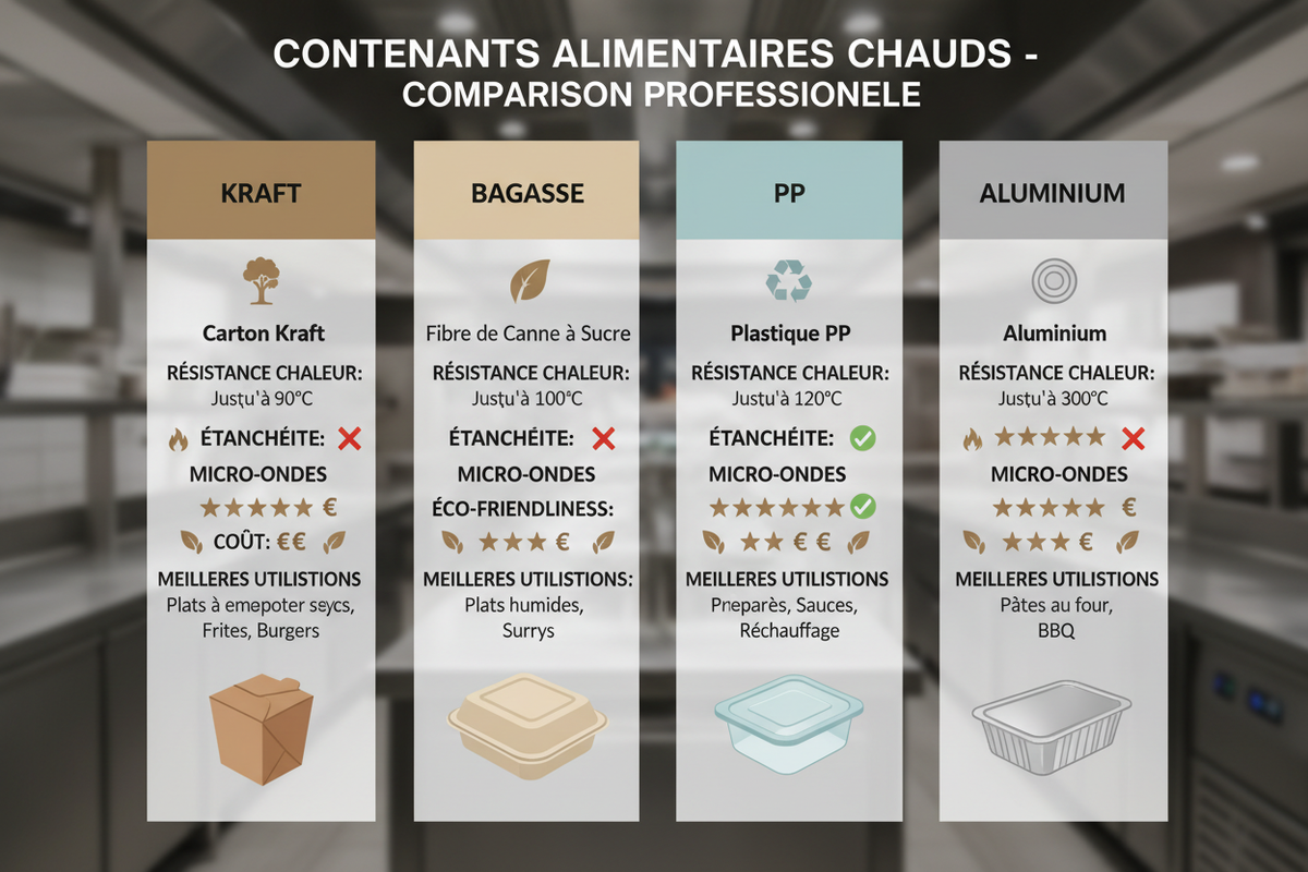 Barquettes pour plats chauds : comparatif matières (kraft, bagasse, PP, alu)