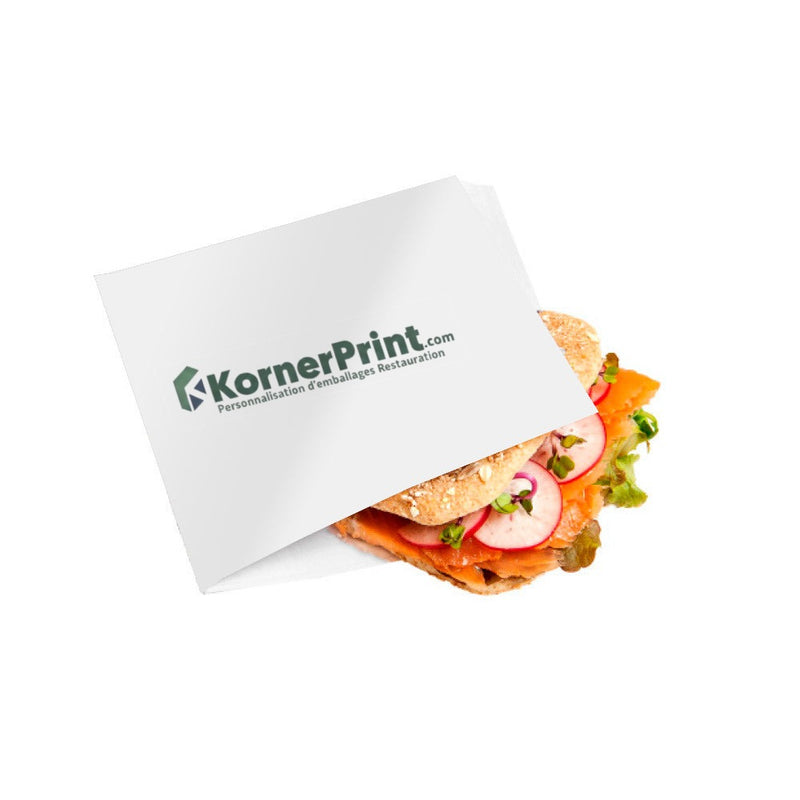 Sachet ingraissable ouvert 2 côtés personnalisé avec un logo (exemple Kornerprint) – 13x14 cm · blanc · sans PFAS