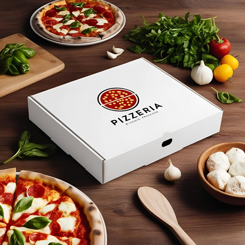 Boîte blanche Pizzeria au centre avec pizzas, légumes frais et ingrédients (ail, basilic) sur plan de travail en bois.