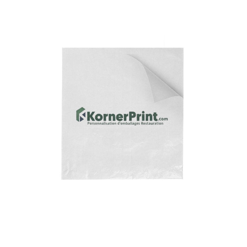 Sachet papier cristal ouvert 2 côtés personnalisé avec un logo (exemple Kornerprint) – 13x14 cm