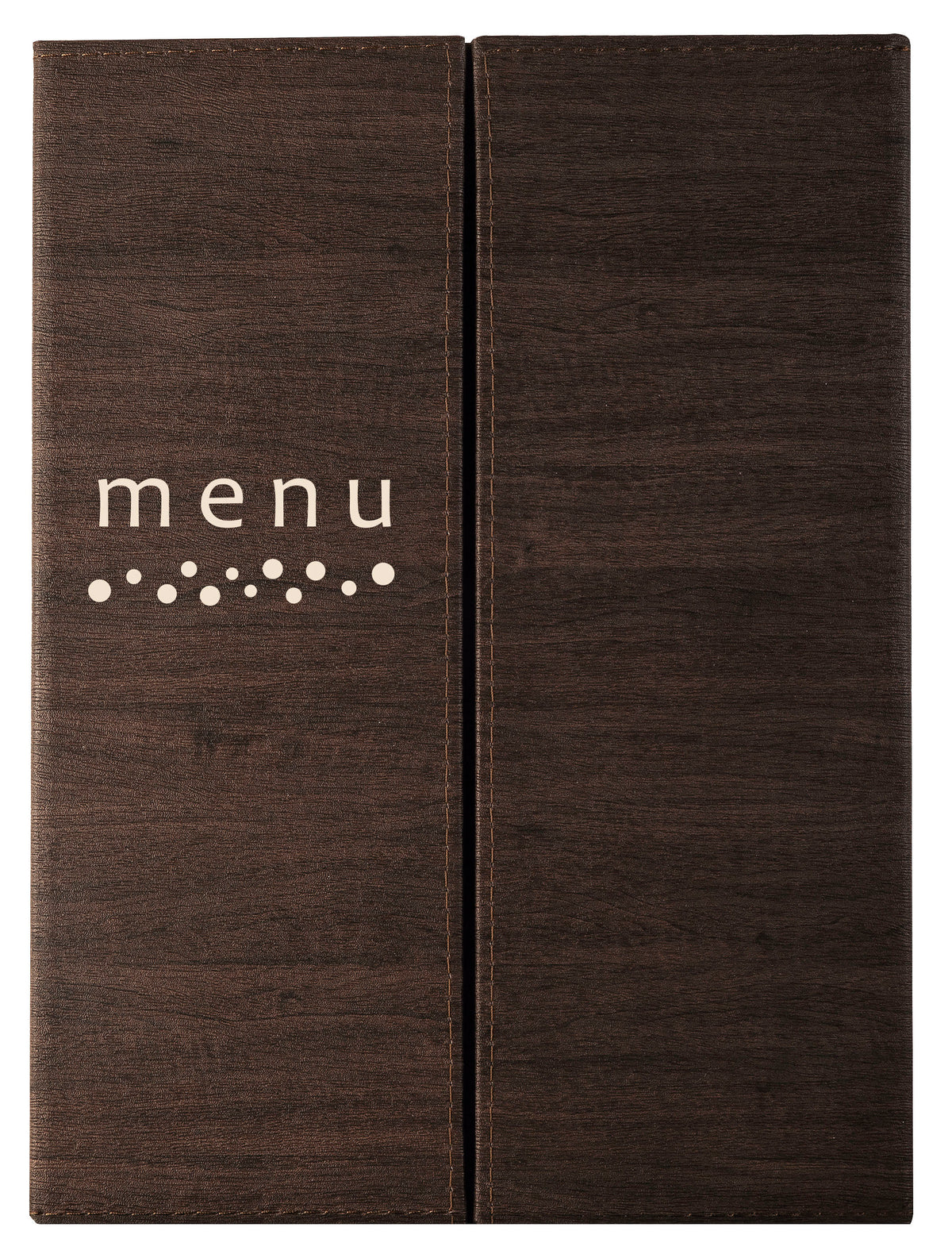 Menu en bois brun à double volet horizontal, texte « menu » avec points braille en dessous.