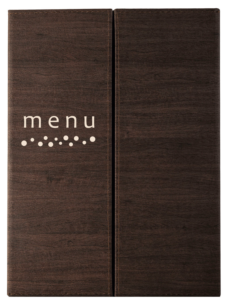 Menu en bois brun à double volet horizontal, texte « menu » avec points braille en dessous.