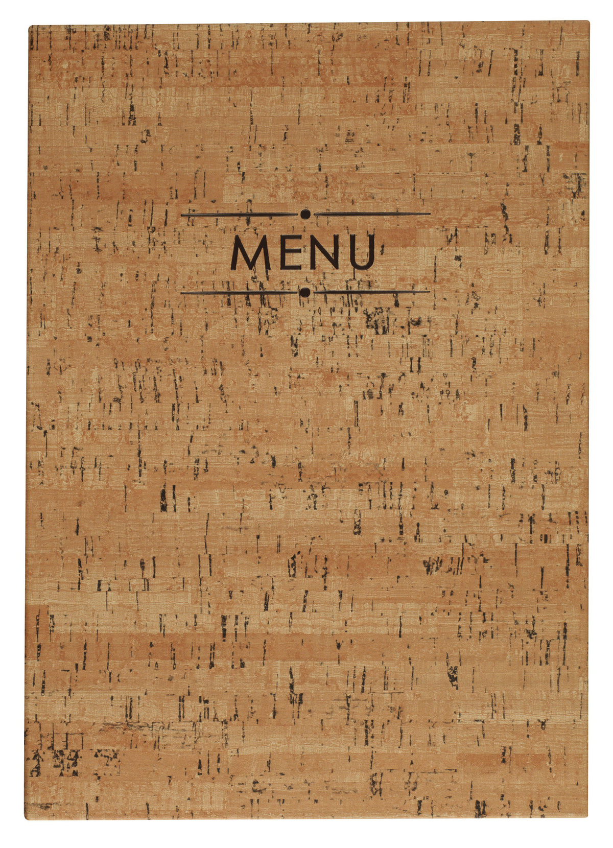 Menu imprimé sur une nappe de liège ou bois clair, style sobriété et simplicité verticalement.