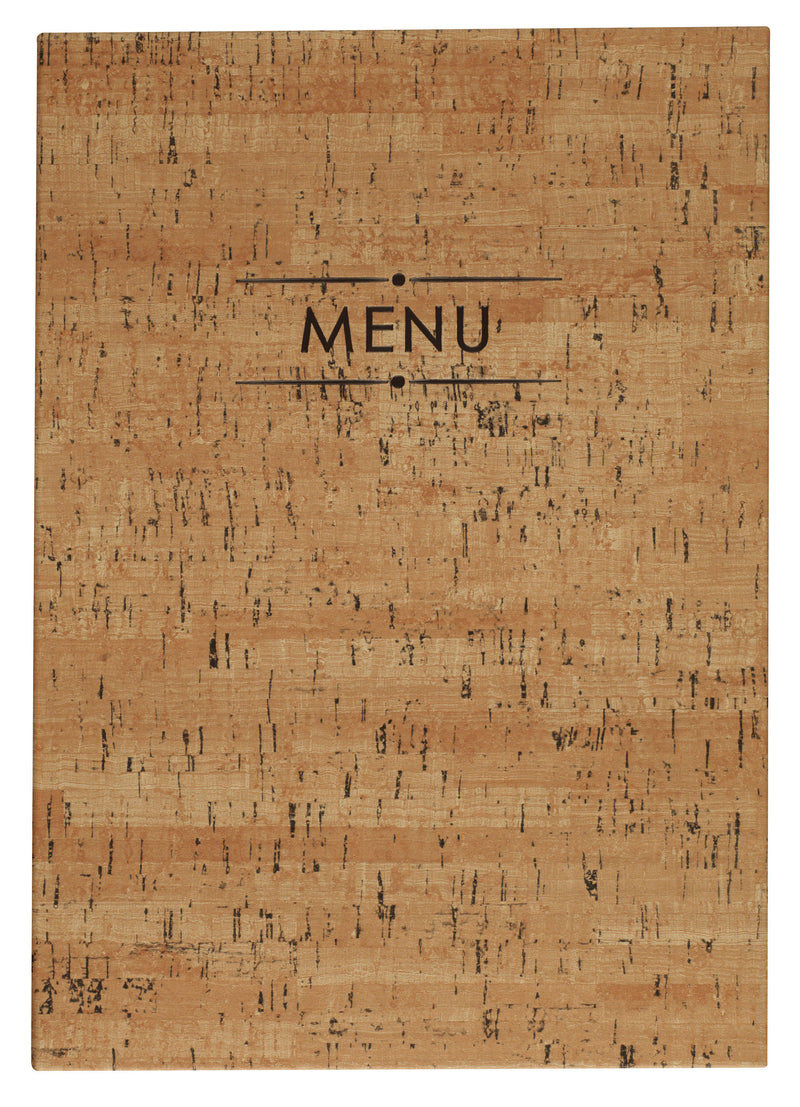 Menu imprimé sur une nappe de liège ou bois clair, style sobriété et simplicité verticalement.