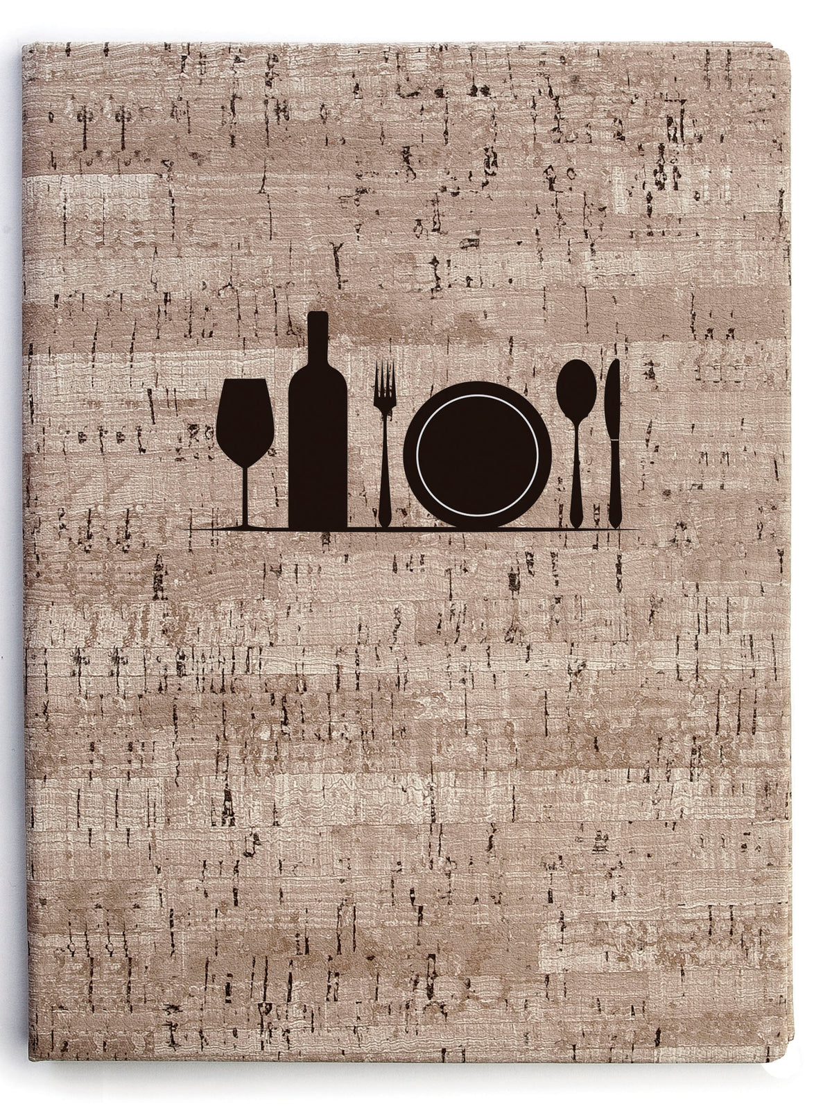 Illustration de salle à manger minimale: silhouette d’assiette, d’un verre, d’un bouteilles et couverts sur un fond bois.