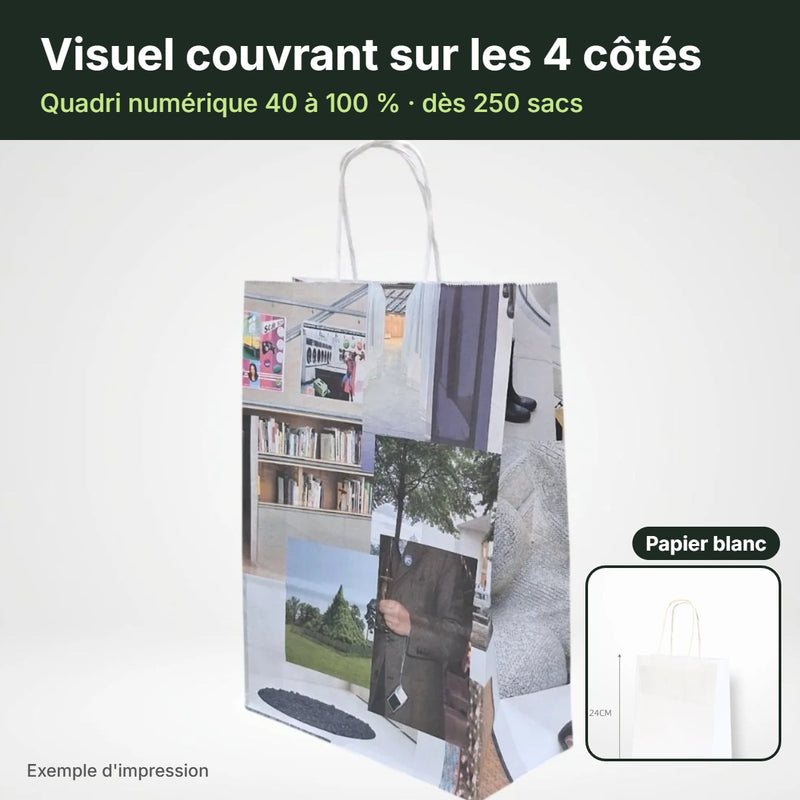 Sac papier blanc poignées torsadées – visuel couvrant sur les 4 côtés