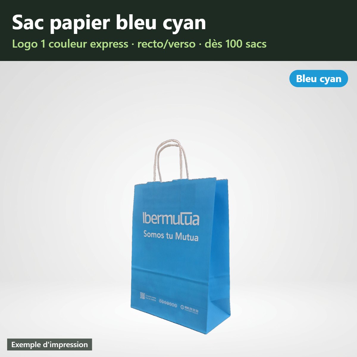 Sac papier bleu cyan à poignées torsadées personnalisé