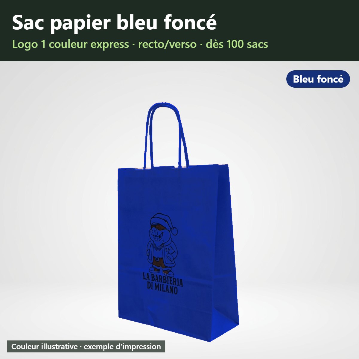 Sac papier bleu foncé à poignées torsadées personnalisé