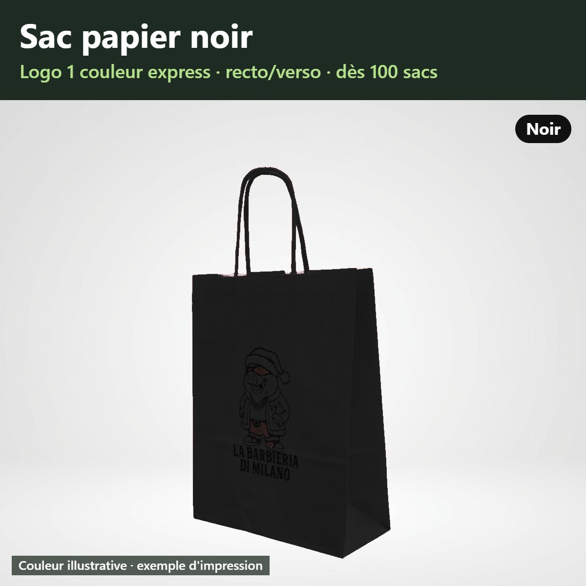 Sac papier noir à poignées torsadées personnalisé