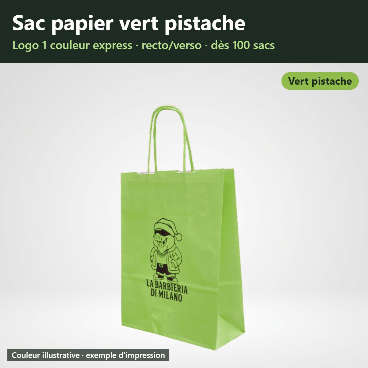 Sac papier vert pistache à poignées torsadées personnalisé