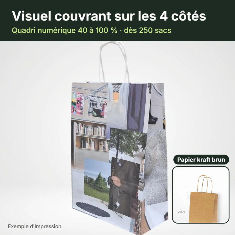 Sac papier kraft brun poignées torsadées – visuel couvrant sur les 4 côtés