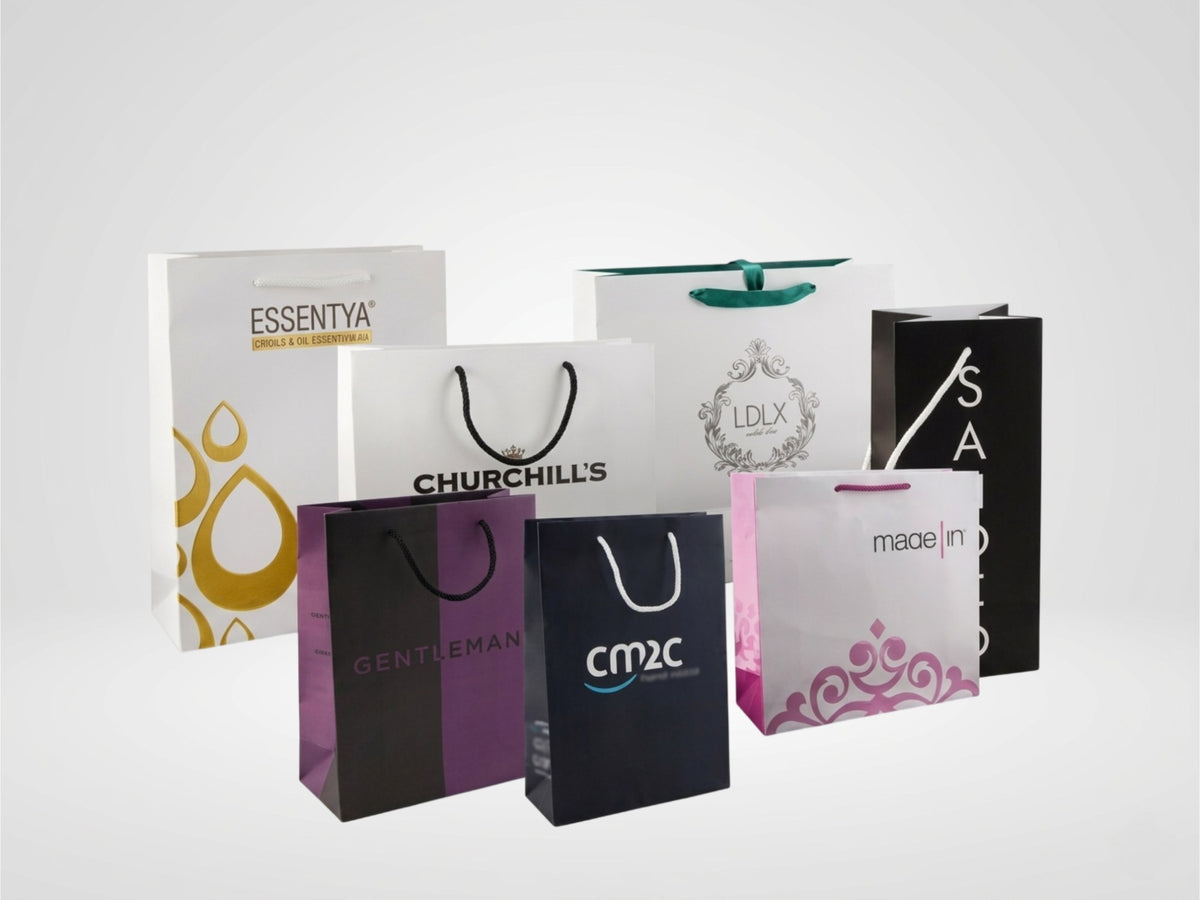 Sac papier de luxe pelliculé personnalisé, impression offset et poignées cordon
