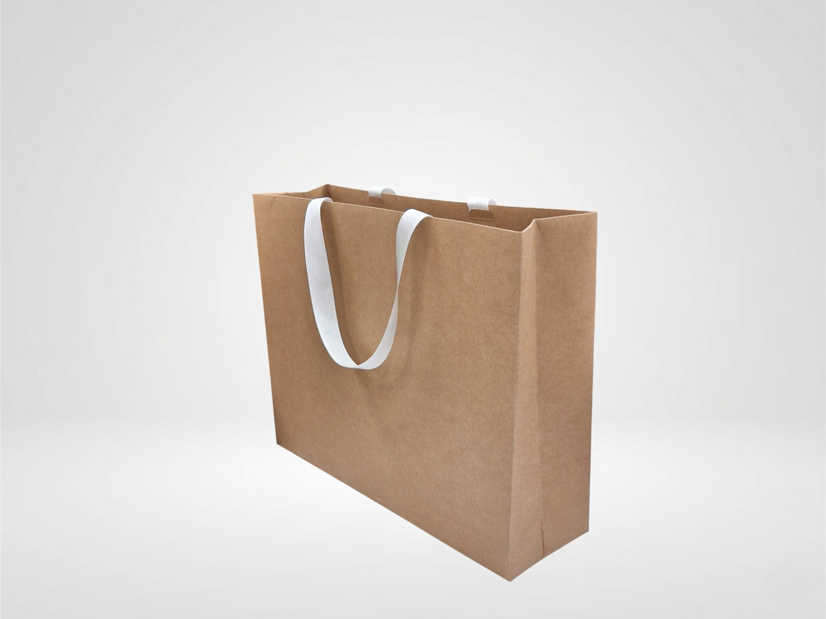 Sac de luxe Modèle M personnalisé – kraft brun, poignées ruban – 24+10x25 cm