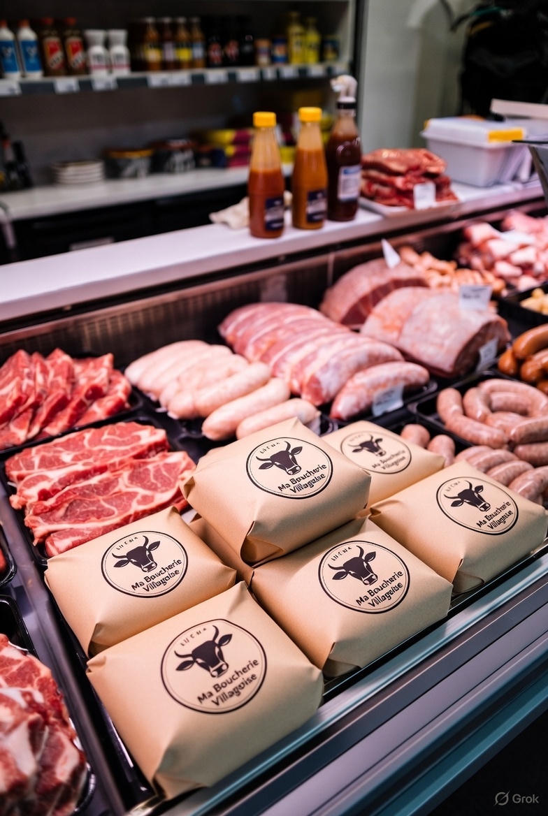 Assortiment de viandes et produits frais en boucherie, paquets emballés visibles au premier plan.