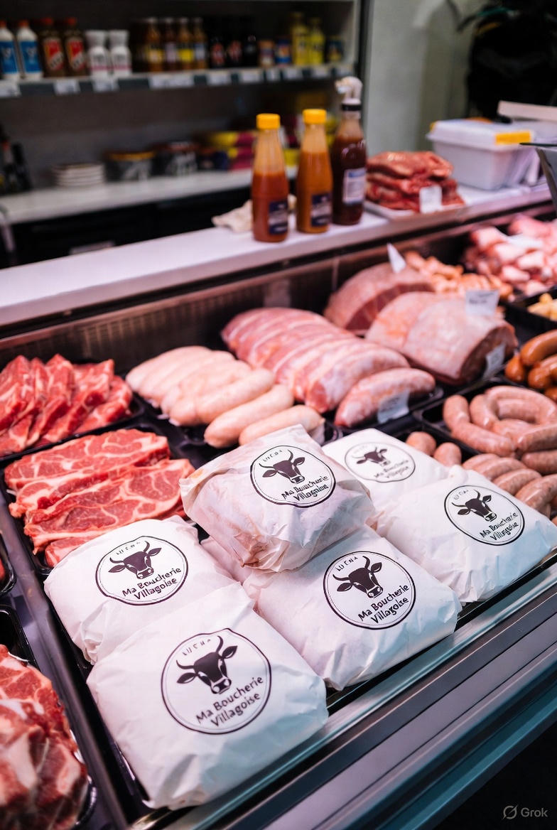 Viande fraîche en boucherie: côtes et saucisses exposées, paquets emballés "Ma Boucherie Villagoise" au premier plan.