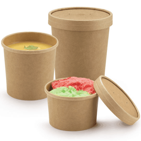 Gobelets en carton jetables avec couvercle, contientes de crème glacée et soupe dans des tons naturels.