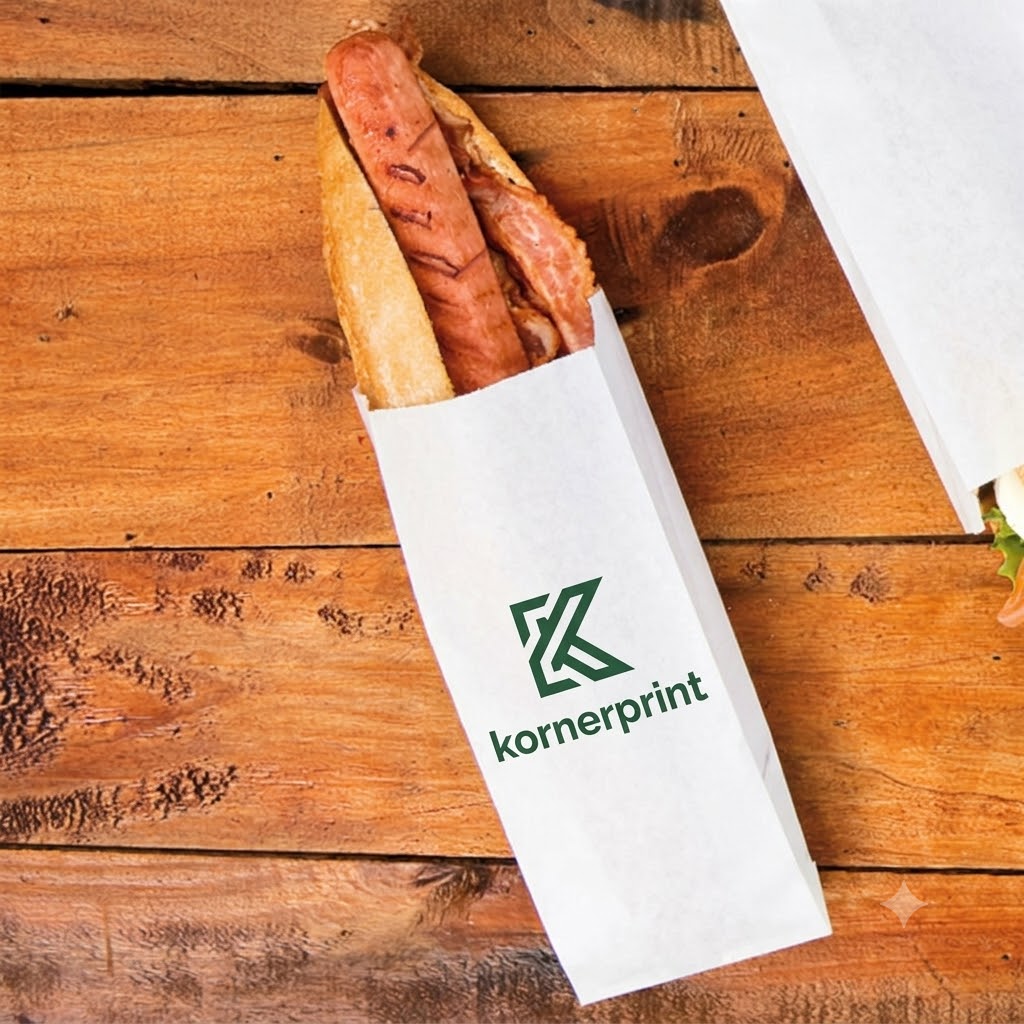 Barquette de sandwich baguette chaude dans un emballage blanc imprimé « kornerprint », posé sur planche en bois.