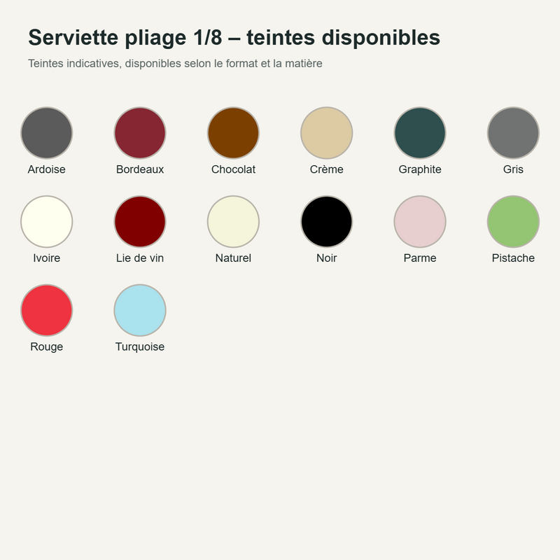 Serviette pliage 1/8 : teintes disponibles